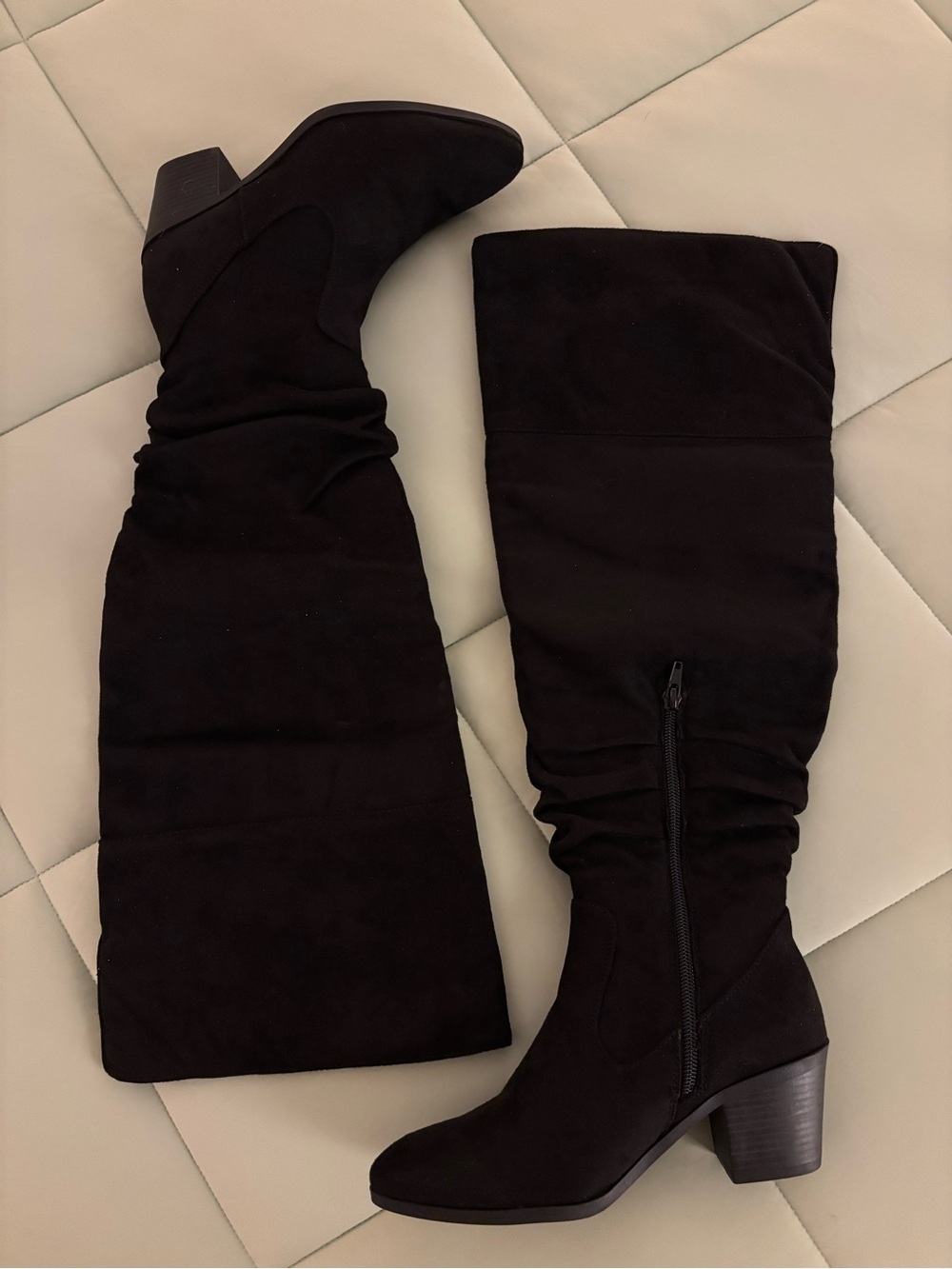 Stanley Black Knee-High Suede Block Heel Boots